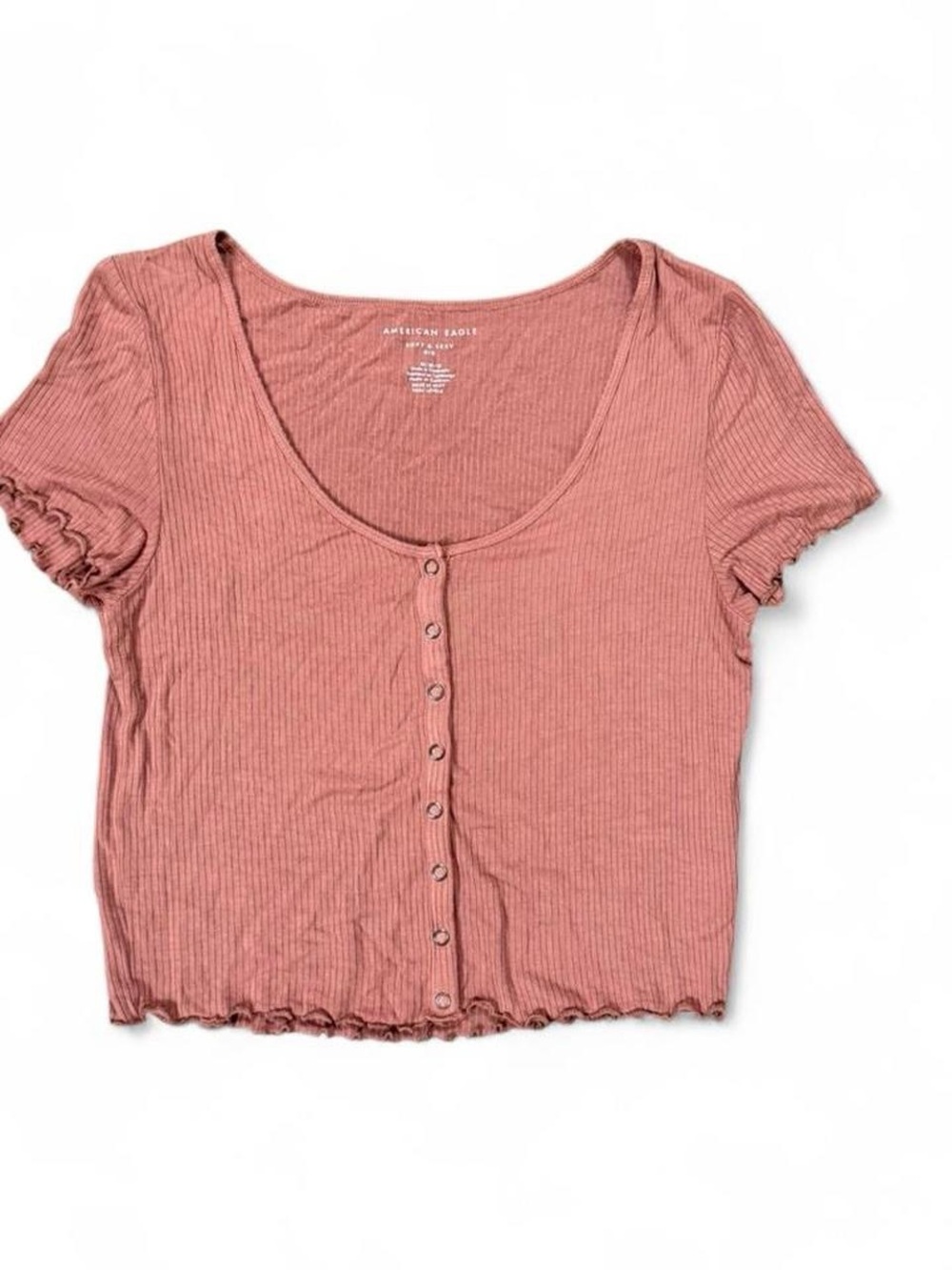 American Eagle Pink Ribbed Lettuce Trim Crop Top Women’s Size M